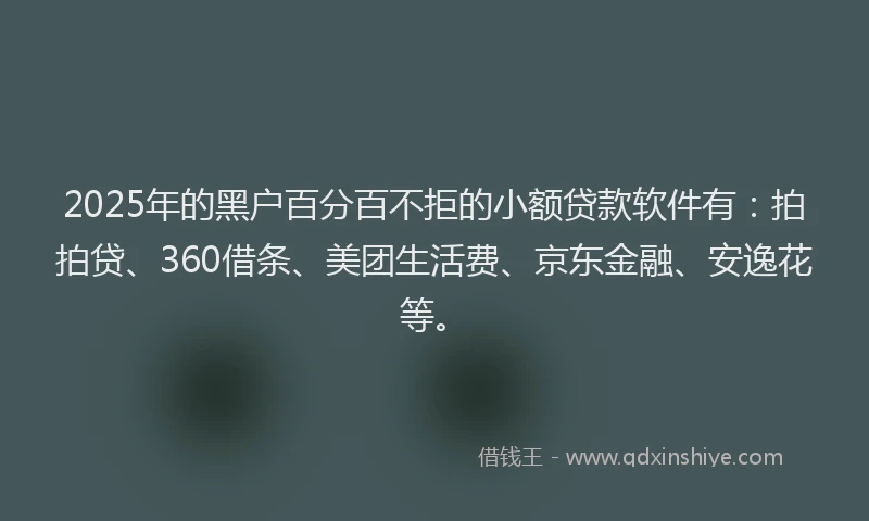 2025年的黑户百分百不拒的小额贷款软件有：拍拍贷、360借条、美团生活费、京东金融、安逸花等。