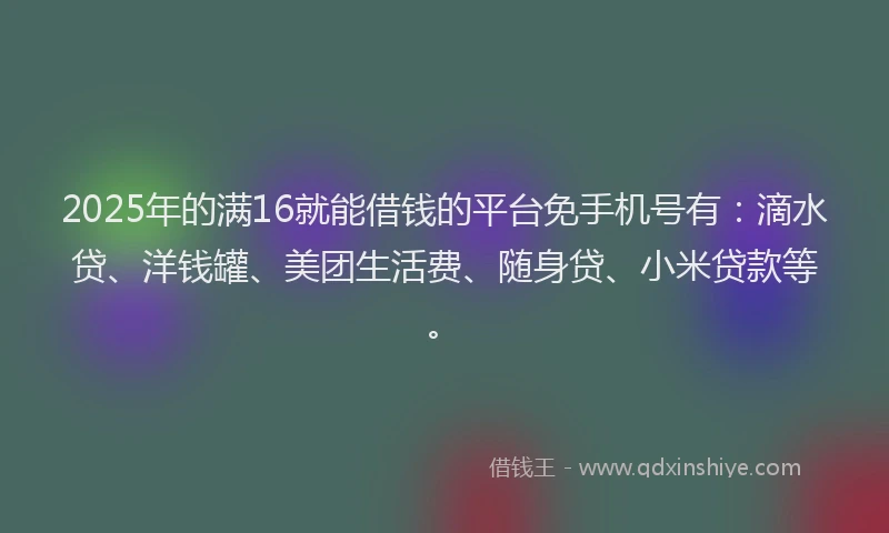 2025年的满16就能借钱的平台免手机号有：滴水贷、洋钱罐、美团生活费、随身贷、小米贷款等。