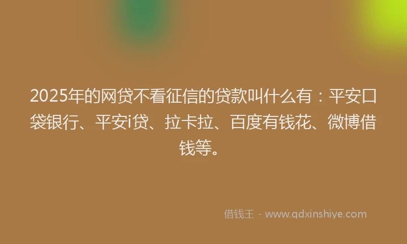 2025年的网贷不看征信的贷款叫什么有：平安口袋银行、平安i贷、拉卡拉、百度有钱花、微博借钱等。