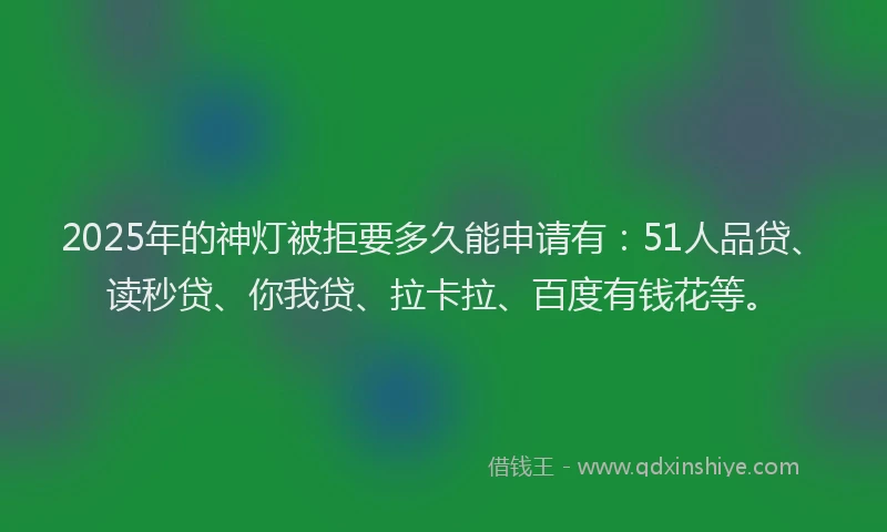 2025年的神灯被拒要多久能申请有：51人品贷、读秒贷、你我贷、拉卡拉、百度有钱花等。