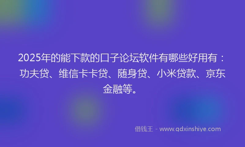 2025年的能下款的口子论坛软件有哪些好用有：功夫贷、维信卡卡贷、随身贷、小米贷款、京东金融等。