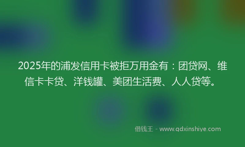 2025年的浦发信用卡被拒万用金有：团贷网、维信卡卡贷、洋钱罐、美团生活费、人人贷等。