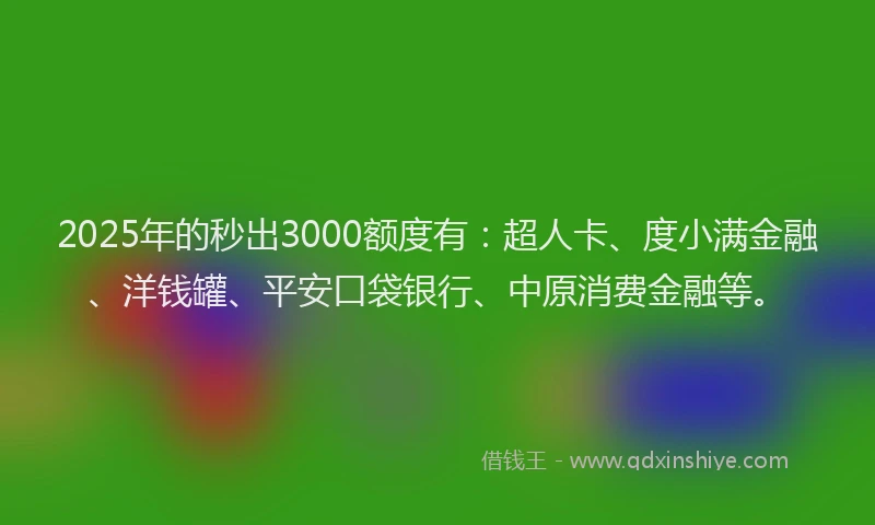 2025年的秒出3000额度有：超人卡、度小满金融、洋钱罐、平安口袋银行、中原消费金融等。