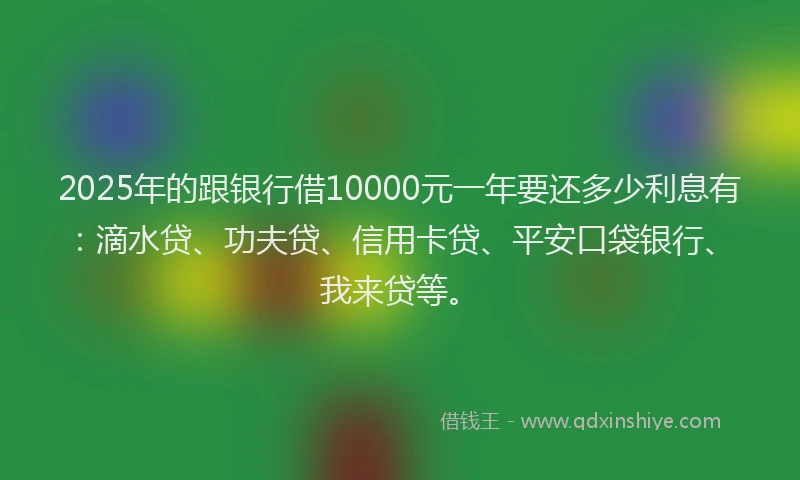 2025年的跟银行借10000元一年要还多少利息有：滴水贷、功夫贷、信用卡贷、平安口袋银行、我来贷等。