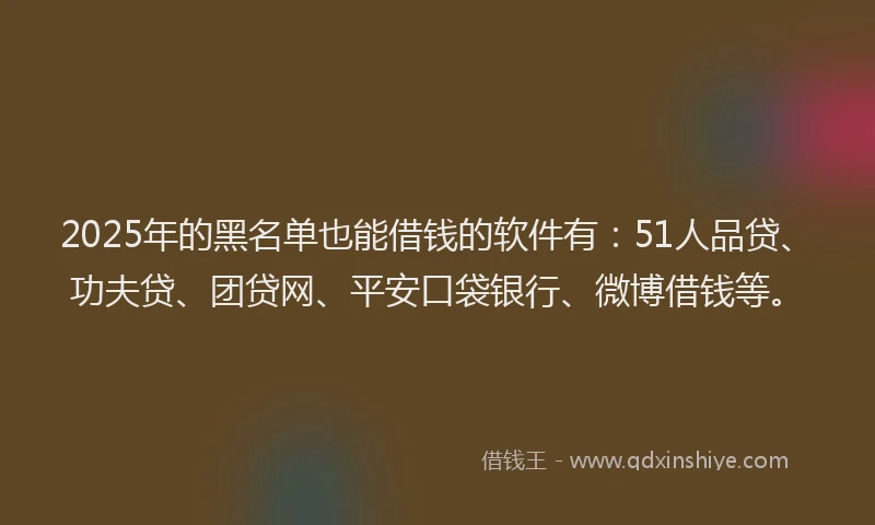 2025年的黑名单也能借钱的软件有：51人品贷、功夫贷、团贷网、平安口袋银行、微博借钱等。