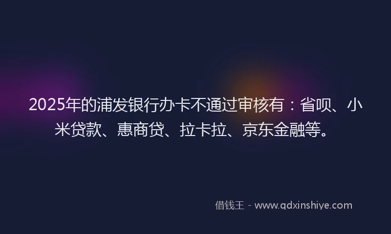 2025年的浦发银行办卡不通过审核有：省呗、小米贷款、惠商贷、拉卡拉、京东金融等。