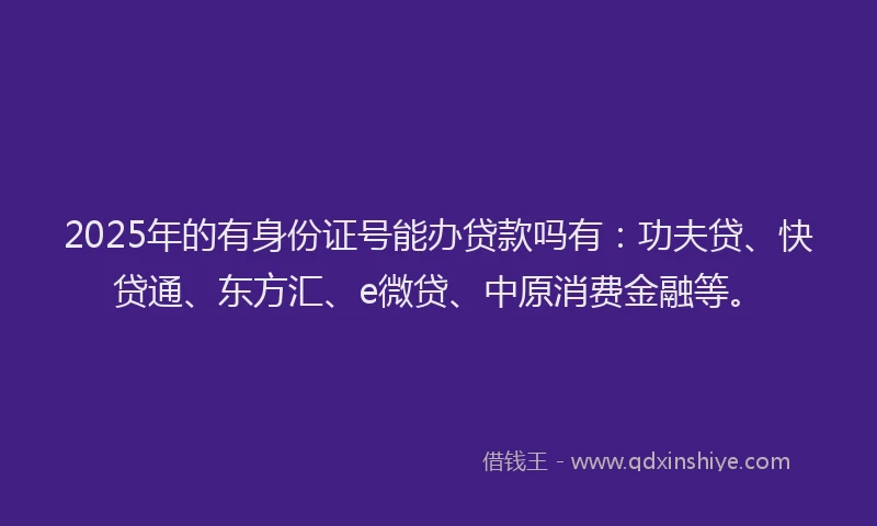 2025年的有身份证号能办贷款吗有：功夫贷、快贷通、东方汇、e微贷、中原消费金融等。