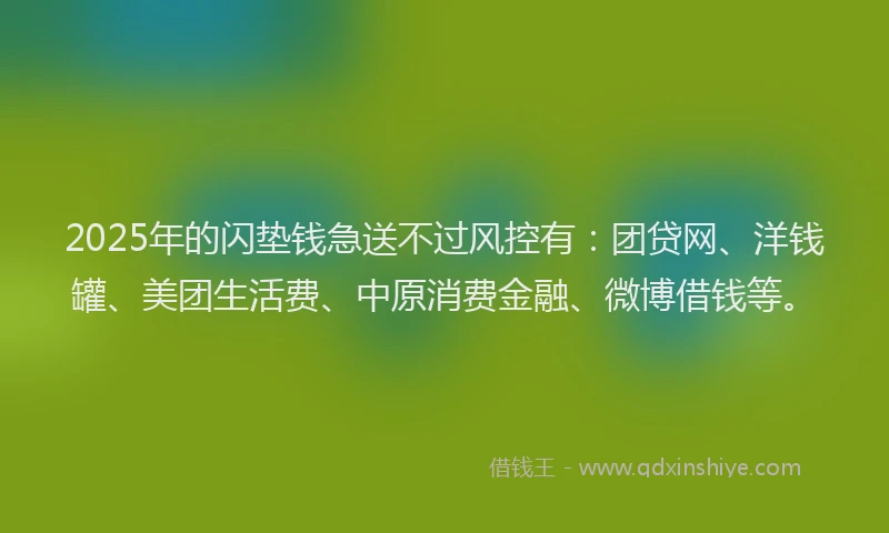 2025年的闪垫钱急送不过风控有：团贷网、洋钱罐、美团生活费、中原消费金融、微博借钱等。
