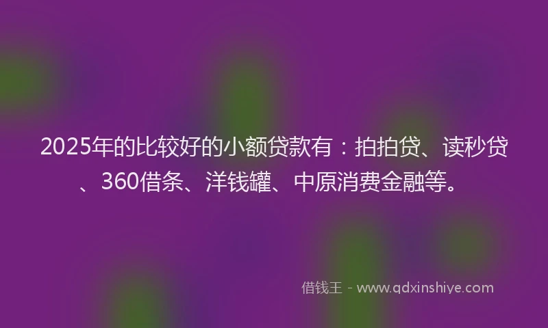 2025年的比较好的小额贷款有：拍拍贷、读秒贷、360借条、洋钱罐、中原消费金融等。