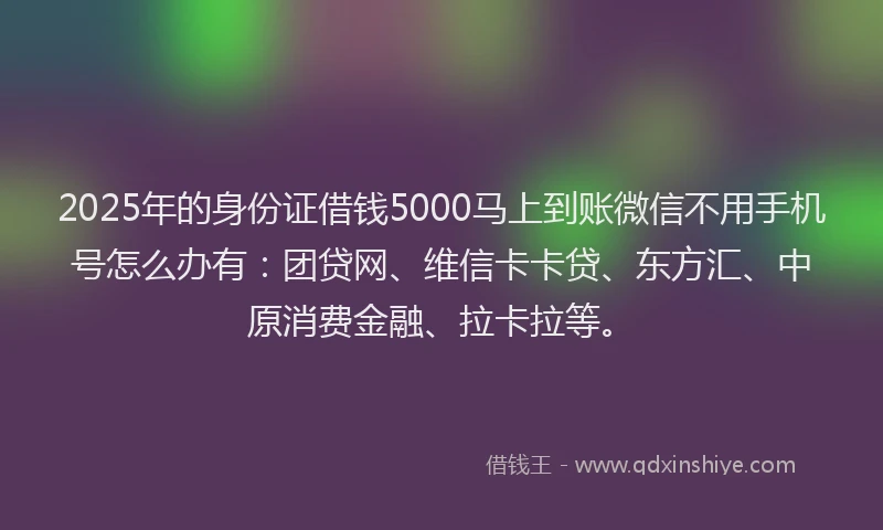 2025年的身份证借钱5000马上到账微信不用手机号怎么办有：团贷网、维信卡卡贷、东方汇、中原消费金融、拉卡拉等。
