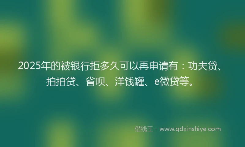 2025年的被银行拒多久可以再申请有：功夫贷、拍拍贷、省呗、洋钱罐、e微贷等。