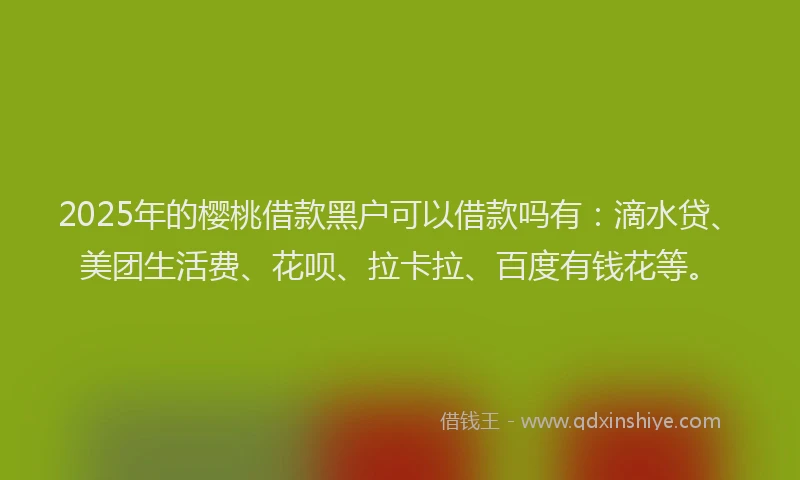 2025年的樱桃借款黑户可以借款吗有：滴水贷、美团生活费、花呗、拉卡拉、百度有钱花等。