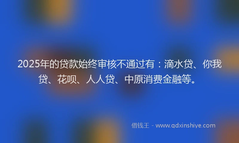 2025年的贷款始终审核不通过有：滴水贷、你我贷、花呗、人人贷、中原消费金融等。