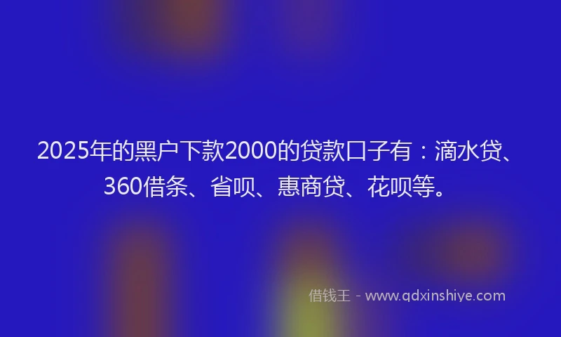 2025年的黑户下款2000的贷款口子有：滴水贷、360借条、省呗、惠商贷、花呗等。