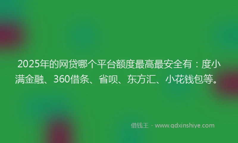 2025年的网贷哪个平台额度最高最安全有：度小满金融、360借条、省呗、东方汇、小花钱包等。