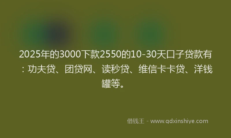 2025年的3000下款2550的10-30天口子贷款有：功夫贷、团贷网、读秒贷、维信卡卡贷、洋钱罐等。