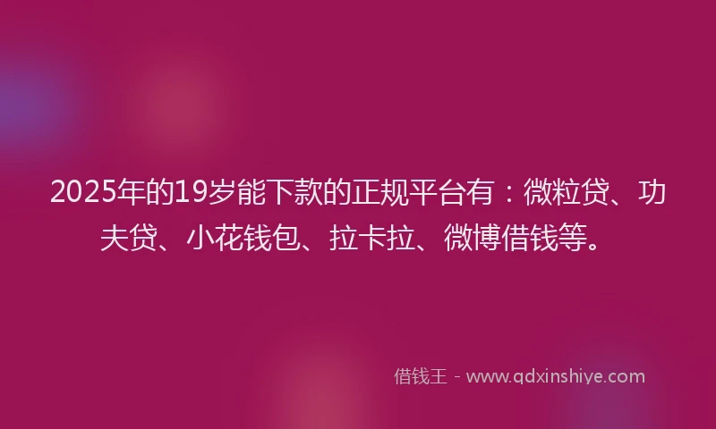 2025年的19岁能下款的正规平台有：微粒贷、功夫贷、小花钱包、拉卡拉、微博借钱等。