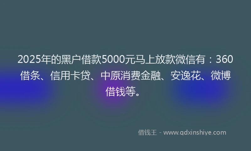 2025年的黑户借款5000元马上放款微信有：360借条、信用卡贷、中原消费金融、安逸花、微博借钱等。