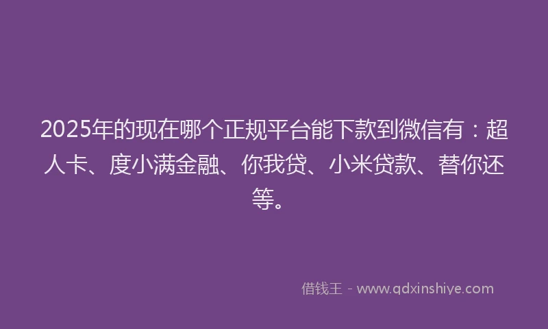 2025年的现在哪个正规平台能下款到微信有：超人卡、度小满金融、你我贷、小米贷款、替你还等。