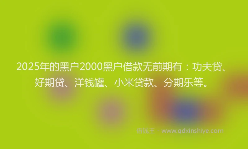 2025年的黑户2000黑户借款无前期有：功夫贷、好期贷、洋钱罐、小米贷款、分期乐等。
