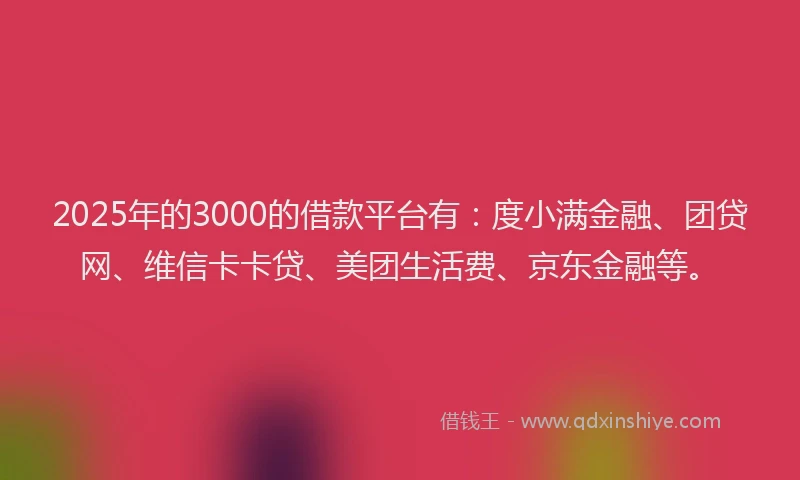 2025年的3000的借款平台有：度小满金融、团贷网、维信卡卡贷、美团生活费、京东金融等。