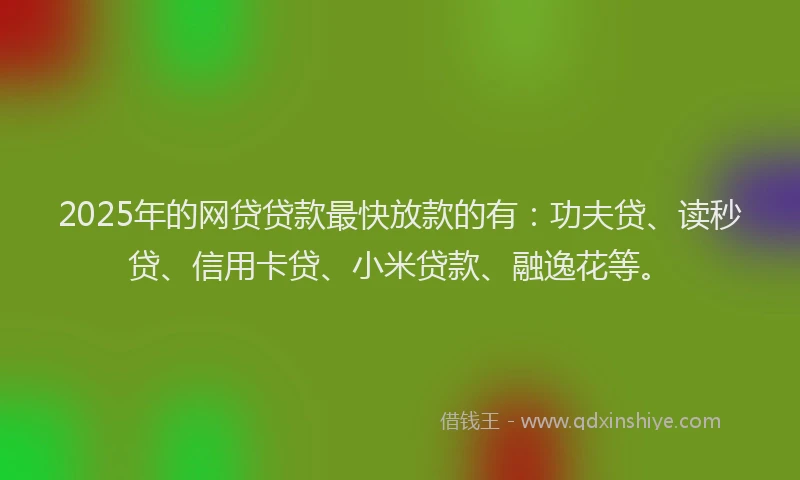 2025年的网贷贷款最快放款的有：功夫贷、读秒贷、信用卡贷、小米贷款、融逸花等。
