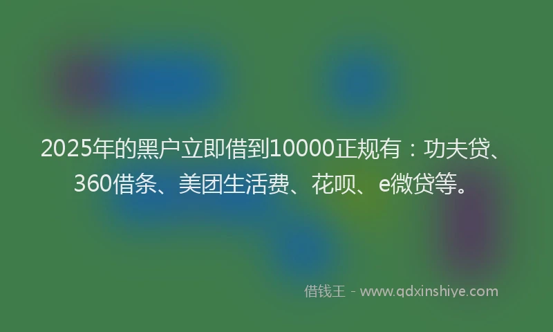 2025年的黑户立即借到10000正规有：功夫贷、360借条、美团生活费、花呗、e微贷等。