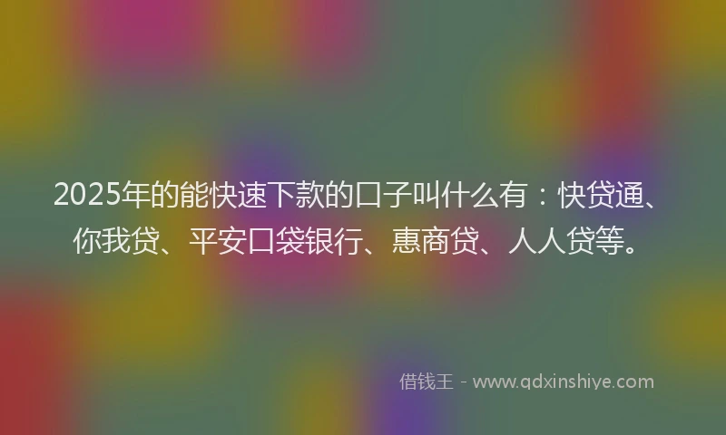 2025年的能快速下款的口子叫什么有：快贷通、你我贷、平安口袋银行、惠商贷、人人贷等。