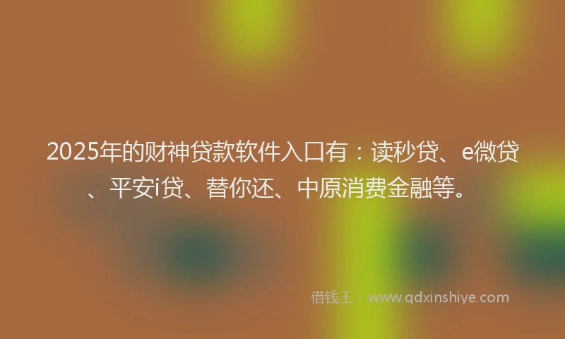 2025年的财神贷款软件入口有：读秒贷、e微贷、平安i贷、替你还、中原消费金融等。