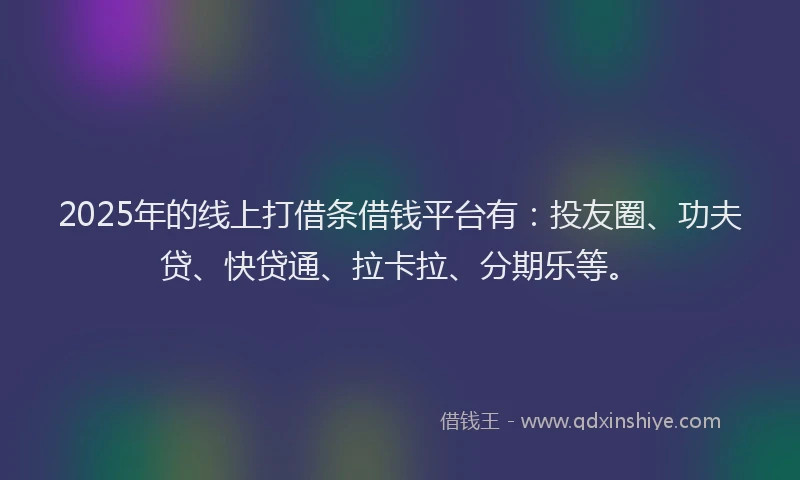 2025年的线上打借条借钱平台有：投友圈、功夫贷、快贷通、拉卡拉、分期乐等。