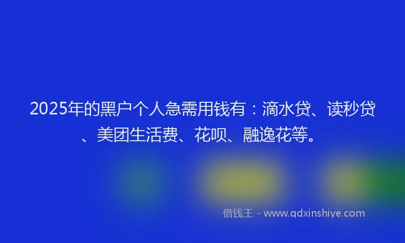 2025年的黑户个人急需用钱有：滴水贷、读秒贷、美团生活费、花呗、融逸花等。
