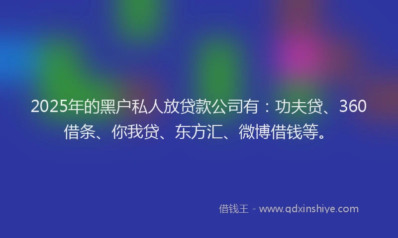 2025年的黑户私人放贷款公司有：功夫贷、360借条、你我贷、东方汇、微博借钱等。