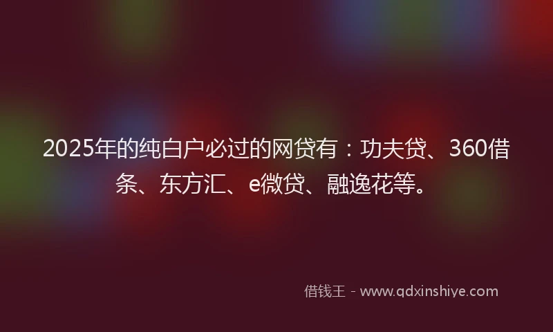 2025年的纯白户必过的网贷有：功夫贷、360借条、东方汇、e微贷、融逸花等。