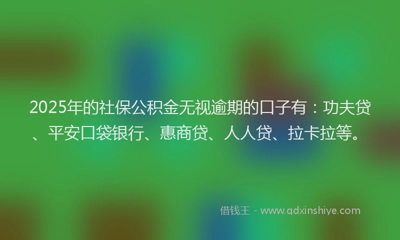 2025年的社保公积金无视逾期的口子有：功夫贷、平安口袋银行、惠商贷、人人贷、拉卡拉等。