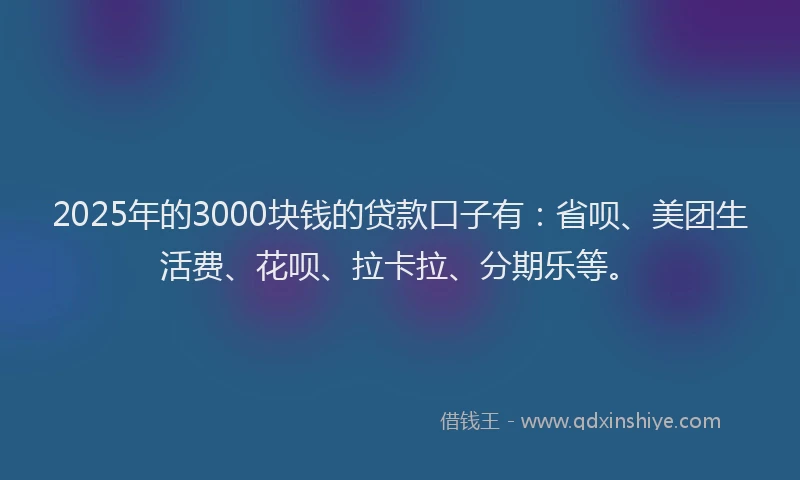 2025年的3000块钱的贷款口子有：省呗、美团生活费、花呗、拉卡拉、分期乐等。