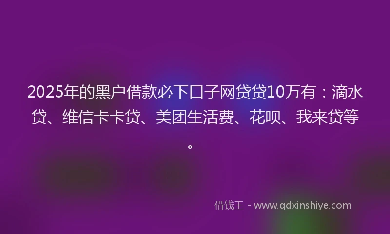 2025年的黑户借款必下口子网贷贷10万有：滴水贷、维信卡卡贷、美团生活费、花呗、我来贷等。