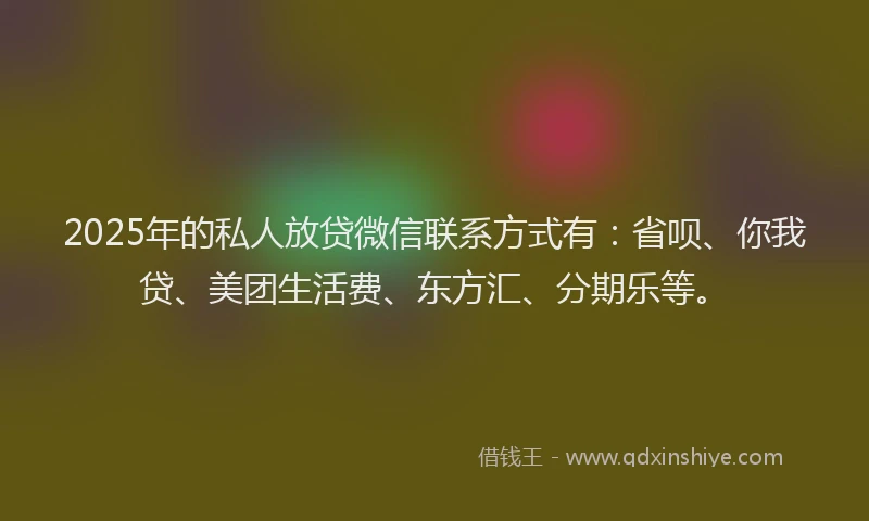 2025年的私人放贷微信联系方式有：省呗、你我贷、美团生活费、东方汇、分期乐等。