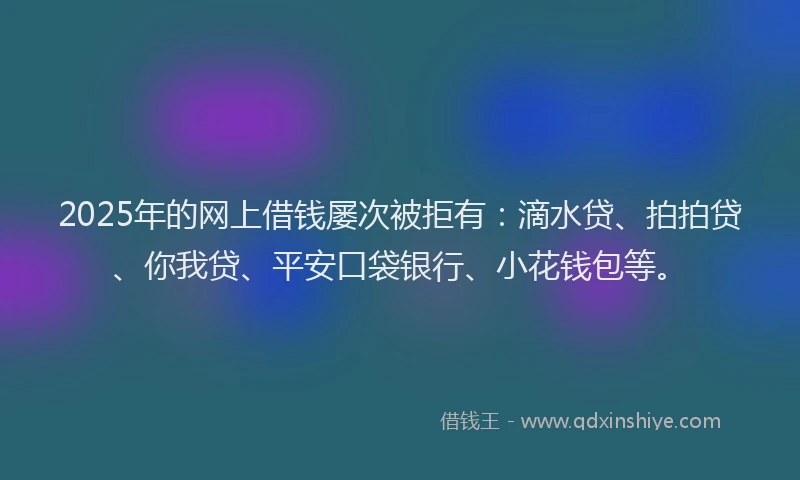 2025年的网上借钱屡次被拒有：滴水贷、拍拍贷、你我贷、平安口袋银行、小花钱包等。