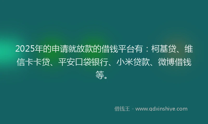 2025年的申请就放款的借钱平台有：柯基贷、维信卡卡贷、平安口袋银行、小米贷款、微博借钱等。