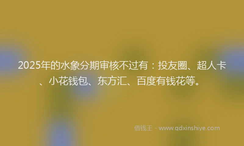 2025年的水象分期审核不过有：投友圈、超人卡、小花钱包、东方汇、百度有钱花等。