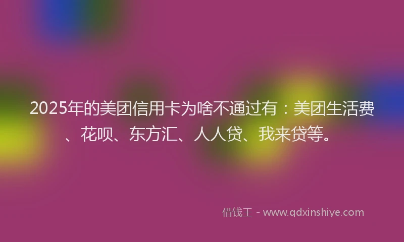 2025年的美团信用卡为啥不通过有：美团生活费、花呗、东方汇、人人贷、我来贷等。