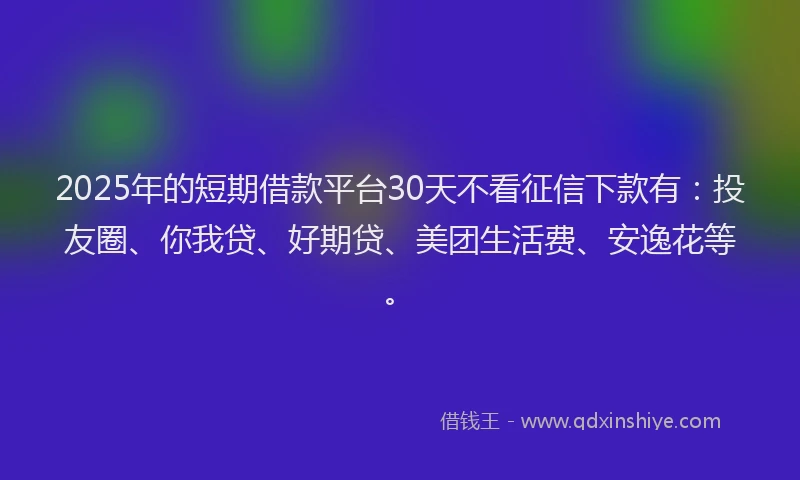 2025年的短期借款平台30天不看征信下款有：投友圈、你我贷、好期贷、美团生活费、安逸花等。