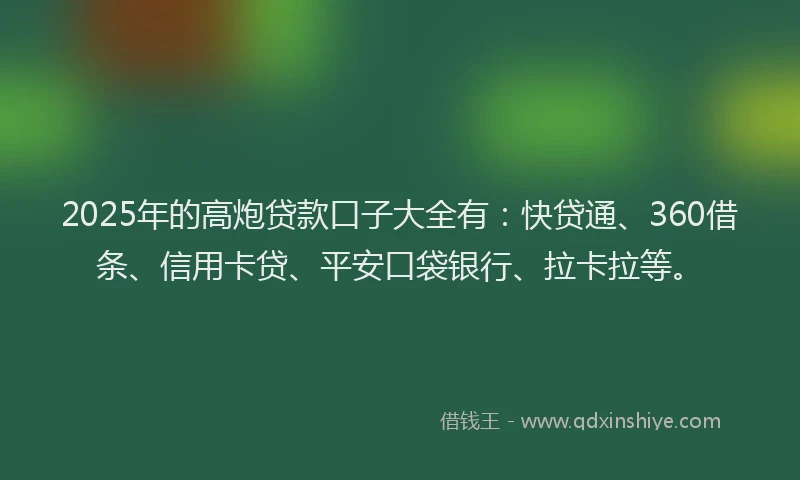 2025年的高炮贷款口子大全有：快贷通、360借条、信用卡贷、平安口袋银行、拉卡拉等。