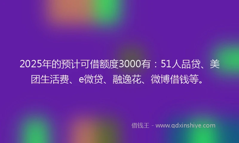 2025年的预计可借额度3000有：51人品贷、美团生活费、e微贷、融逸花、微博借钱等。