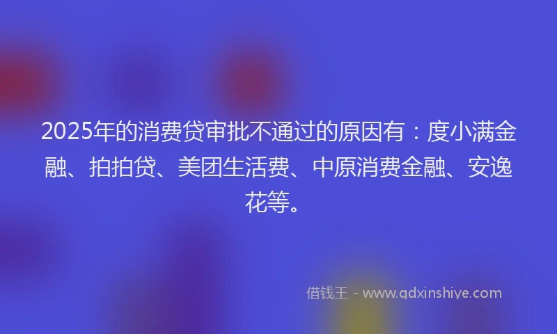 2025年的消费贷审批不通过的原因有：度小满金融、拍拍贷、美团生活费、中原消费金融、安逸花等。