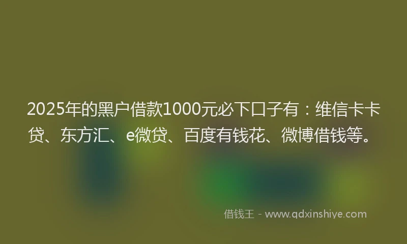 2025年的黑户借款1000元必下口子有：维信卡卡贷、东方汇、e微贷、百度有钱花、微博借钱等。