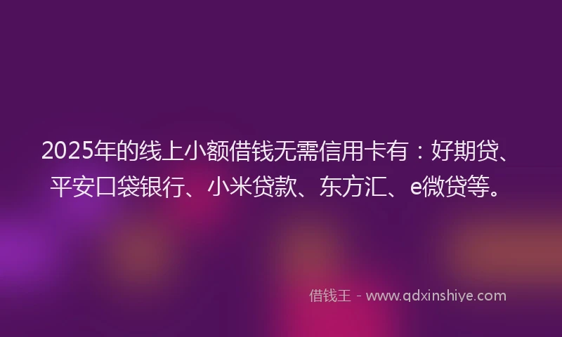 2025年的线上小额借钱无需信用卡有：好期贷、平安口袋银行、小米贷款、东方汇、e微贷等。