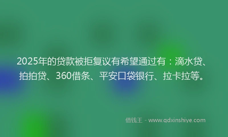 2025年的贷款被拒复议有希望通过有：滴水贷、拍拍贷、360借条、平安口袋银行、拉卡拉等。
