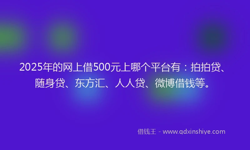 2025年的网上借500元上哪个平台有：拍拍贷、随身贷、东方汇、人人贷、微博借钱等。