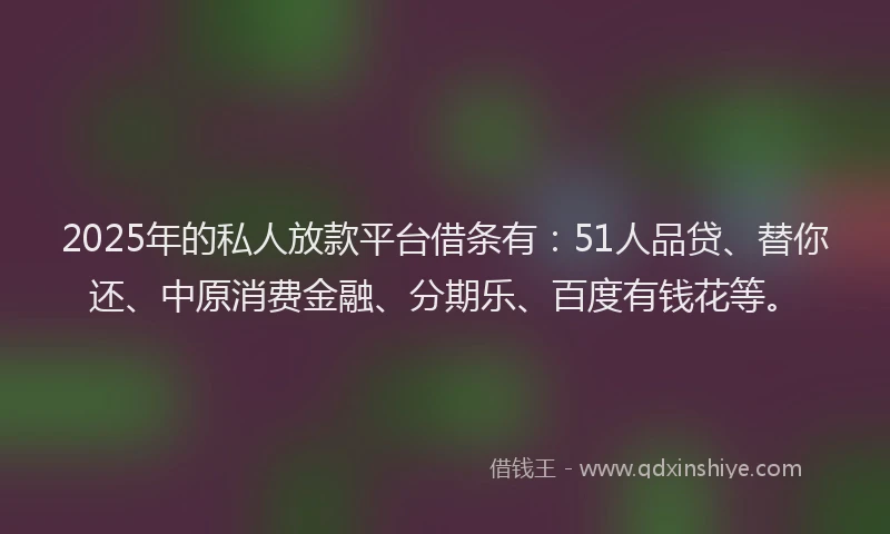 2025年的私人放款平台借条有：51人品贷、替你还、中原消费金融、分期乐、百度有钱花等。